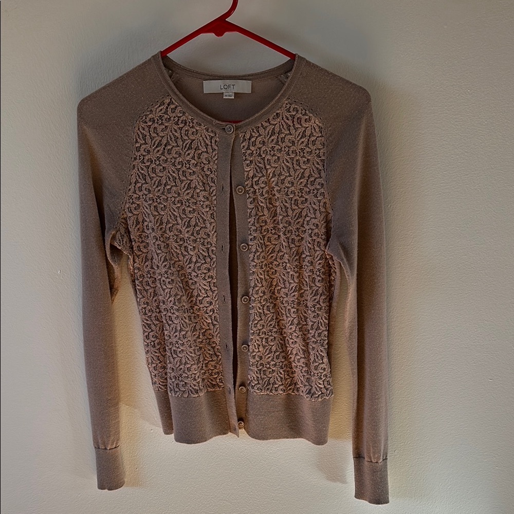 LOFT Mauve Cardigan with Lace Detail